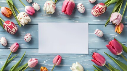 Wall Mural - top view of beautiful easter eggs on table with a blank paper in center for text