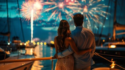 Wall Mural - A lovely couple on deck of yacht watching firework in sky at night in sea.