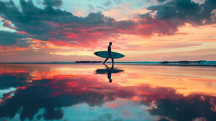 Wall Mural - A surfer carrying a surf board standing on tropical beach with sunset colorful sky