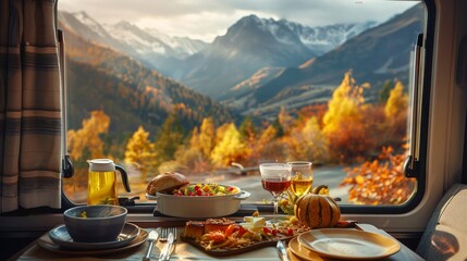 Wall Mural - Interior view from a camper van with luxury meal on table and outside beautiful view of Autumn foliage wilderness