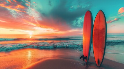 Wall Mural - Closeup view of surfing board on tropical beach with colorful sunset