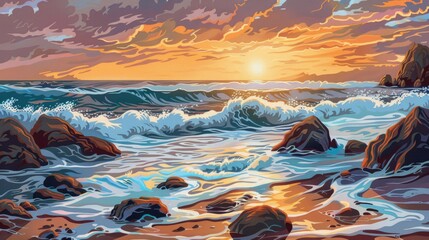 Wall Mural - Sea landscape during sunrise and sunset with waves crashing against rocks on the beach