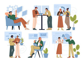 Wall Mural - set of scenes at office. people company employees engage in business activities, analyze finances an
