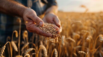 Wheat grains in hands of farmer in wheat field.