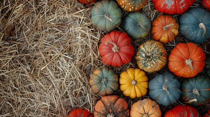 Wall Mural - Colorful pumpkins on hay in farm.