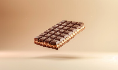 Wall Mural - floating chocolate wafer bar in mid-air on a soft beige background, concept for light and tasty snacks