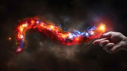 Wall Mural - A hand is pointing at a glowing red and blue stream of light