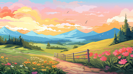 Wall Mural - Sunset Over Mountain Meadow with Path and Fence