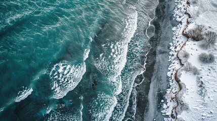 Canvas Print - An aerial perspective of a frozen snowy cliff meeting the azure waters of the ocean, showcasing the beauty of this natural geological phenomenon AIG50