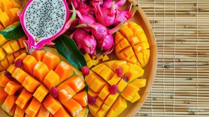 Wall Mural - A bamboo mat serves as the tableware for a black plate adorned with mangoes and dragon fruit, creating a colorful and vibrant display of tropical ingredients AIG50