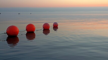 Two orange buoys float in the water, reflecting the beautiful colors of the sunset. The scene is serene and peaceful, with the buoys adding a touch of color to the calm ocean