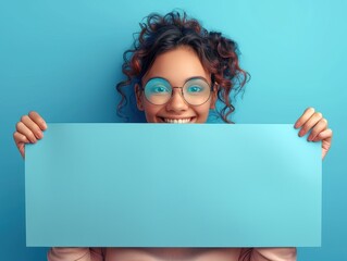 Happy young woman wearing glasses holding a blank blue sign for advertising content