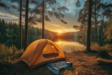 Wall Mural - Early morning image of a yellow tent and open sleeping bag by the serene water of a forest lake as the sunrise glows through the trees
