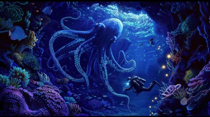 Wall Mural - Diver Encounters Giant Octopus in Deep Sea