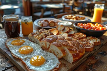 Wall Mural - A table is set with a hearty breakfast including sunny side up eggs, bread, and pastries in warm light