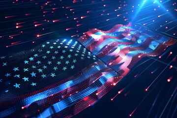 Wall Mural - Abstract glowing particle wavy surface with shiny American flag. Digital and cyber concept. 4th of July, Memorial Day, Labour Day, Independence Day. Patriotic background for greeting card, banner