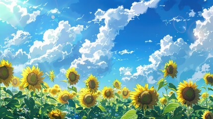 Wall Mural - Sunflowers in front of a backdrop of a blue cloudy sky Scenery featuring a sunflower field against the backdrop of clouds