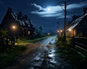 Wall Mural - Country road in the village at night with full moon. 3d rendering