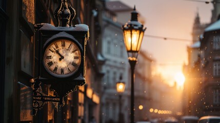 Wall Mural - Vintage clock in street with beautiful historical buildings at sunrise in winter with snow and fog in Prague city in Czech Republic in Europe.