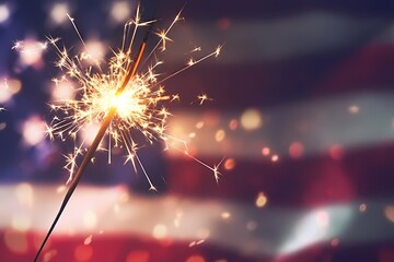Wall Mural - Lit sparkler in front of American Flag for 4th of July celebration. Memorial Day, Labour Day, Independence Day, Flag Day. Patriotic holiday background with copy space for banner, poster, greeting card