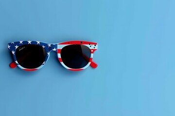 Wall Mural - American Flag sunglasses blue background for patriotic fashion and USA Independence Day background