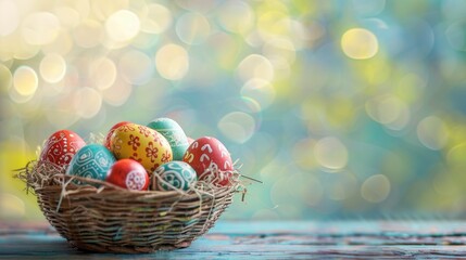Wall Mural - a full basket of colorful easter eggs on wooden table