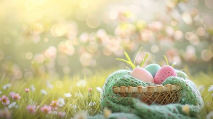 Wall Mural - a full basket of colorful easter eggs on outdoor lawn with beautiful flowers