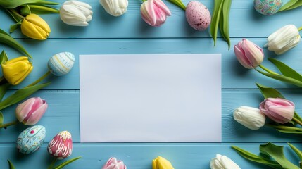 Wall Mural - top view of beautiful easter eggs on table with a blank paper in center for text