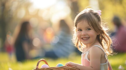 Wall Mural - portrait of a smiling child with basket of easter eggs