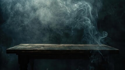 Wall Mural - mysterious wooden table with swirling smoke on dark background moody abstract photo
