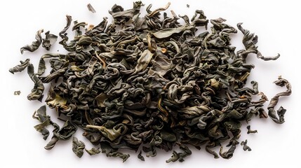 Wall Mural - organic loose leaf oolong tea dark green dried camellia sinensis leaves isolated on white top view