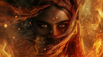 powerful biblical heroine with fiery eyes and flowing shawl prophetic art portrait with ancient valor