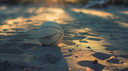 Canvas Print - A volleyball rests atop a sandy dune overlooking the beautiful beach landscape, surrounded by aeolian landforms and hardwood flooring AIG50