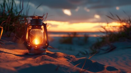 Wall Mural - A lantern illuminates the sandy beach at sunset, casting a warm glow over the water and painting the horizon in a beautiful dusk landscape AIG50