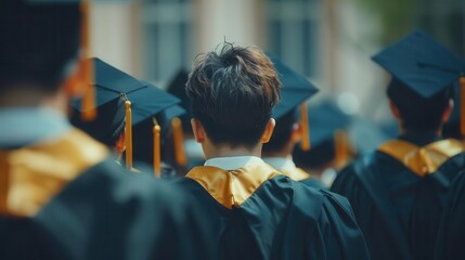 rear view of graduates in gowns at commencement ceremony education concept
