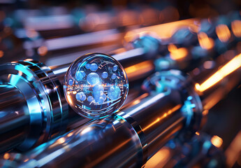 Abstract futuristic energy flow concept with glowing metal pipes and AI sphere