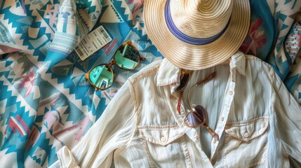 Wall Mural - Aqua picnic blanket with a military camouflage hat, electric blue sunglasses, a book, and flowers on it AIG50