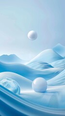Light blue background, threedimensional white spheres in the foreground and light skyblue waves on top of them, three small balls floating in midair, curved lines, simple composition, highend texture,