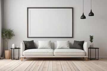 Interior home of living room with empty frame poster mock up and white sofa on white wall copy space, scandinavian style