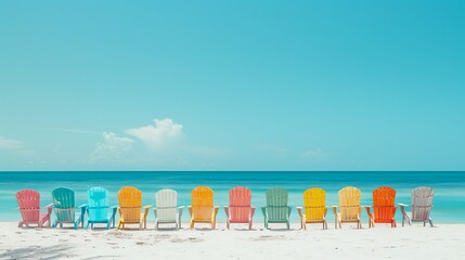 Wall Mural - Colorful beach chair lined up on white sandy beach