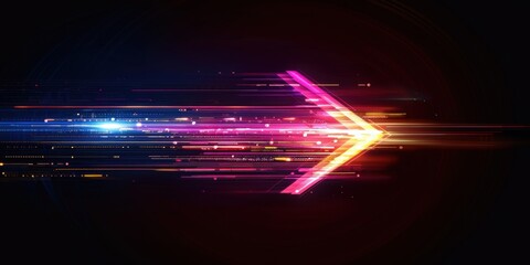 Wall Mural - A colorful arrow made of glowing light beams, pointing right at the center on a black background he arrow forms an elegant and dynamic shape with a sense of motion and speed Generative AI