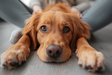 Sticker - A pet dog lying contentedly at the feet of its owner. Concept of companionship and comfort. Generative Ai.