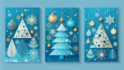 Wall Mural - Merry Christmas modern card set elements greeting text lettering blue background vector.