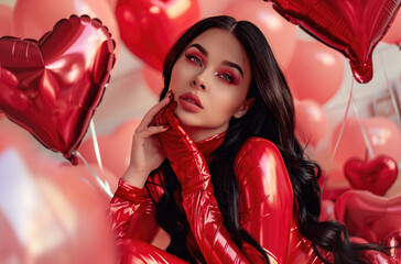 Sticker - A beautiful woman in a latex red outfit is posing for Valentine's Day in front of giant heart-shaped balloons.