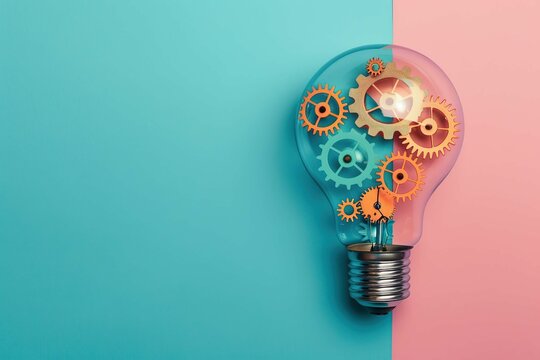 Lightbulb with gears on colored background