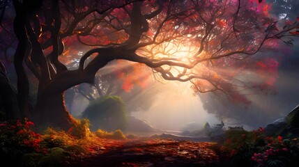 Wall Mural - Mysterious autumn forest with fog and sunbeams, panorama