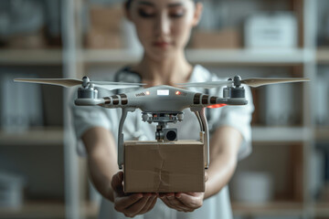 Canvas Print - A person receiving a drone-delivered medical supply package. Concept of emergency response and drone technology. Generative Ai.