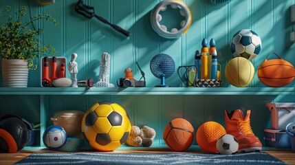 A shelf full of sports balls and other items