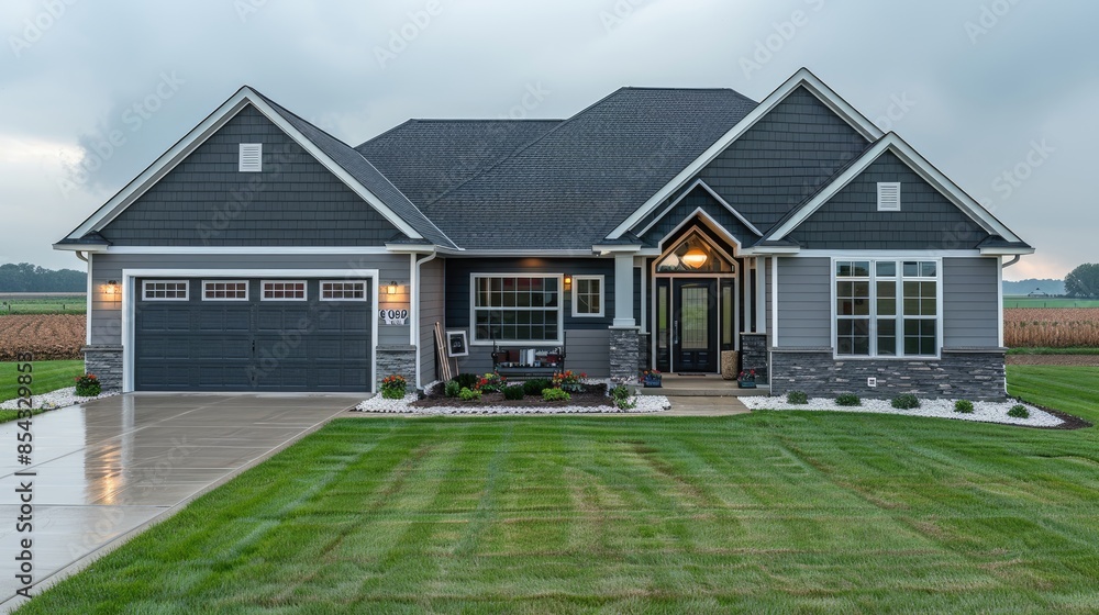 A gray ranch style model house Stock Illustration | Adobe Stock