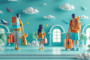 Happy family with luggage and backpack standing on cloud blue sky abstract and surreal background. Travel during holiday vacation. Transportation and journey. 